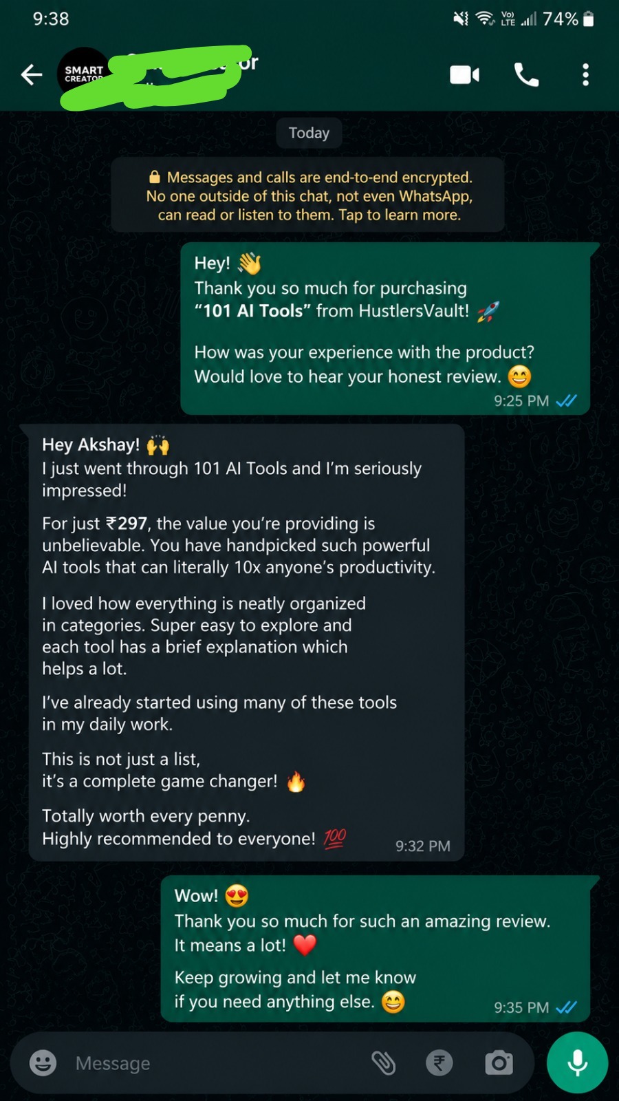 WhatsApp testimonial