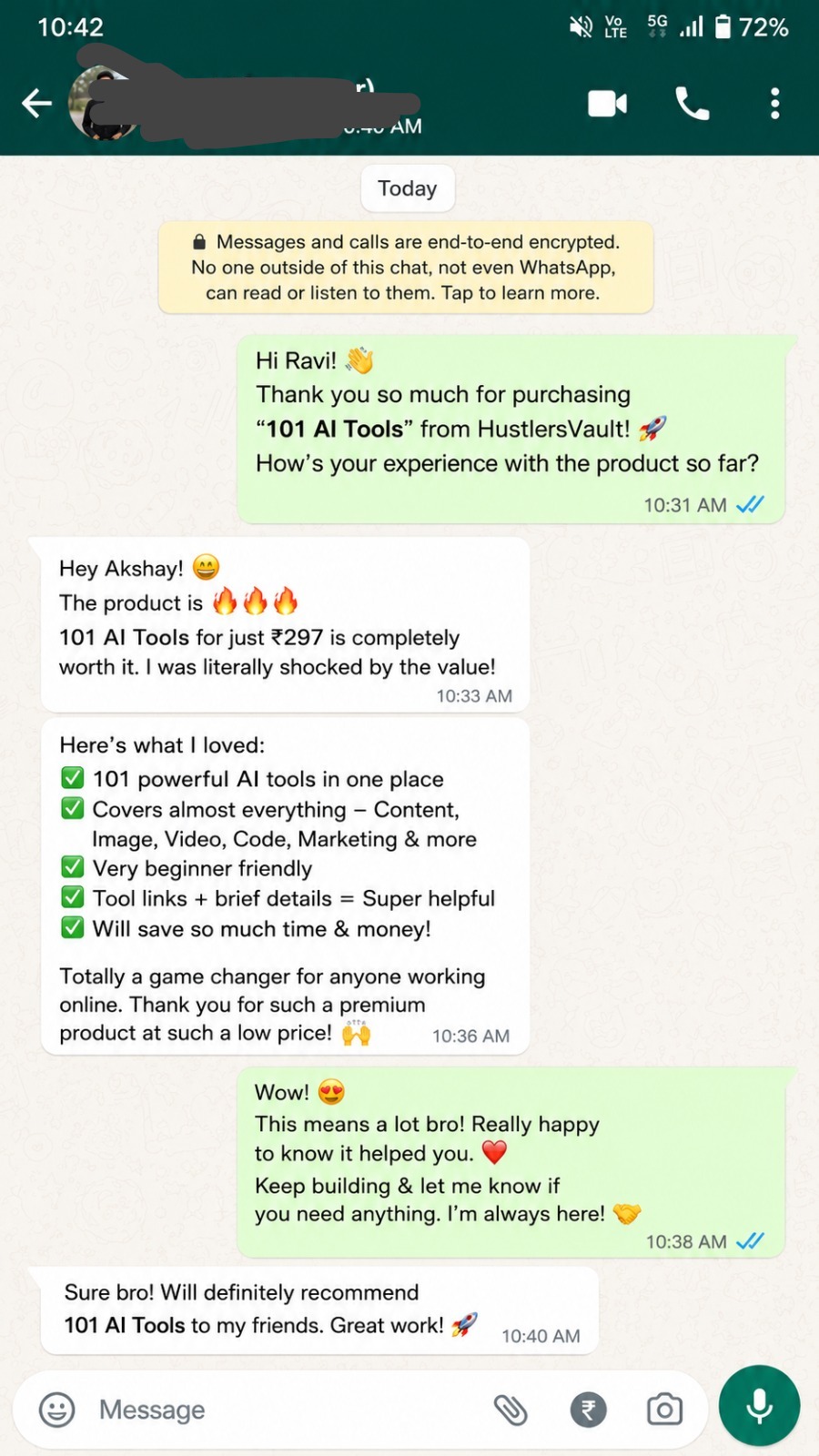 WhatsApp testimonial